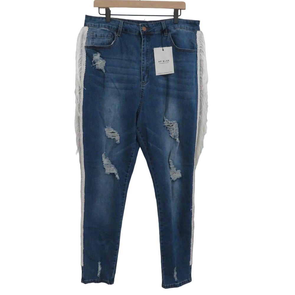 AP Blue by Aphrodite Womens Sz 3X Distressed Skinny Jeans White Fringe Sides